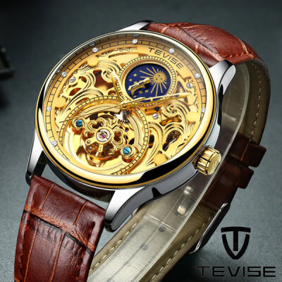 JPM TEVISE Men's Skeleton Automatic Metal Leather Watch A07