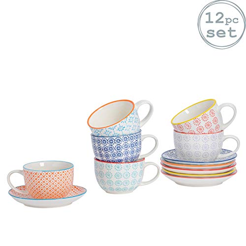 Nicola Spring 12 Piece Hand-Printed Cappuccino Cup and Saucer Set - Japanese Style Porcelain Coffee Teacups - 6 Colours - 250ml