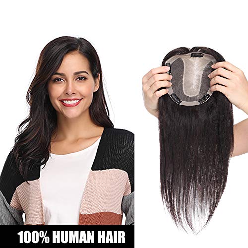 Real Remy Human Hair Topper for Women - One Piece Clip in Toupee Hairpiece Hair Extension SILK BASE Invisible Natural - 120% Hair Density (12 inches, 1B Natural Black)