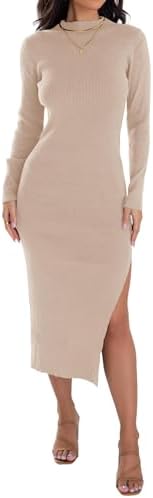 ZESICA Womens 2026 Ribbed Knit Dress Long Sleeve Mock Neck Slim Fit Side Slit Fall Elegant Sweater Dresses