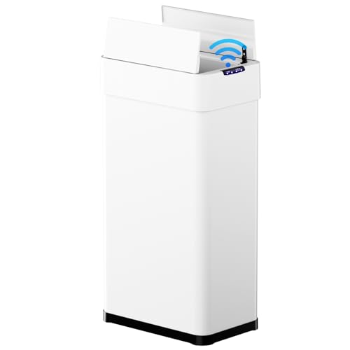 TLSUNNY 13.2 Gallon Automatic Trash Can, Stainless Steel Motion Sensor Garbage bin, Smart Trash Can WButterfly Lid, Bag Retainer Ring and Display Light for Living Room,Kitchen,Office White, 50L