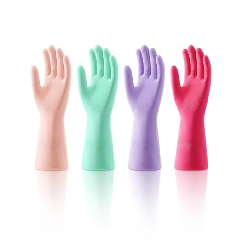 ThxToms 4 Pairs Latex Free Cleaning Nitrile Gloves, Reusable Rubber Free Gloves for Washing Dishes and Household Cleaning, Flexible Long-lasting and Non-Slip Large, PinkGreenPurpleRose Red