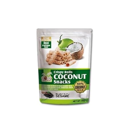 Coconut rolls. Crispy in taste and rich in coconut flavor. Ideal for enjoying during work breaks as a leisure snack. Imported from Thailand. 80g/2.82oz per bag.