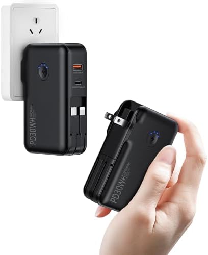 QiSa Portable Charger, Power Bank, 16000mAh Power Bank Built-in AC Wall Plug and Cables, PD 30W and QC4.0 Fast Charger for iPhone and Android Phones and Most Electronic Devices Black