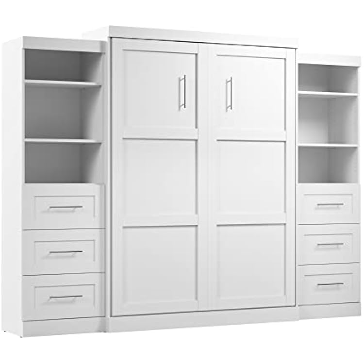Bestar Pur Queen Murphy Bed and 2 Shelving Units with Drawers, 115-inch Space-Saving Sleeping Arrangement for Multipurpose Area, Bedroom, Guest Room, or Living Room