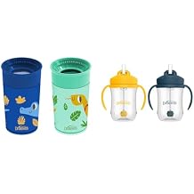 Dr. Brown's Milestones Cheers 360 Spoutless Transition Cup, Travel Friendly and Leak Free Sippy, Blue Animals, 10 oz/300 mL with Baby's First Straw Cup, Blue/Yellow, 9 oz/270 mL, BPA-Free, 9m+, 4-Pack