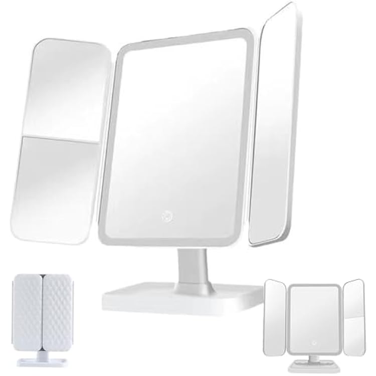 Smart Mirror Vanity, Makeup Mirror with Lights and Magnification, Folding Three-Sided Makeup Mirror, 180 Rotation Lighted MakeupMirror White