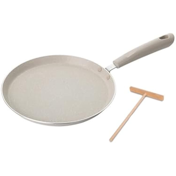 Nonstick Crepe Pan with Spreader, 9.5 Inch Skillet with Handle, Granite Coating Multi-purpose Flat Frying Pan for Cooking Crepes, Pancakes or Eggs, Induction & Gas Stove Compatible, White