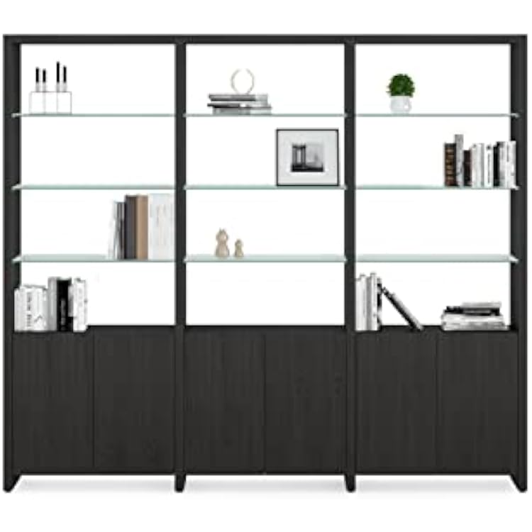 BDI Furniture Linea Shelf 5802-83.75 x 96 Leaning Shelf for Living Room, Family Room or Office with 5 Polished Tempered Glass Shelves, Charcoal Stained Ash