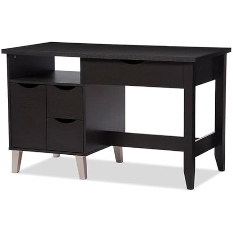 Baxton Studio McKenzie Modern Contemporary Wood 3-Drawer Home Office Study Desk with Two Open Shelves & Two Shelves with Wood Door, Dark Brown