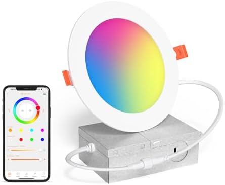 Smart Recessed Lighting 6 Inch RGBCW Color Changing 16W LED Downlight with Junction Box,1350 Lumen Recessed Ceiling Light Compatible with Alexa,Dimmable by Bluetooth Control -1Pack