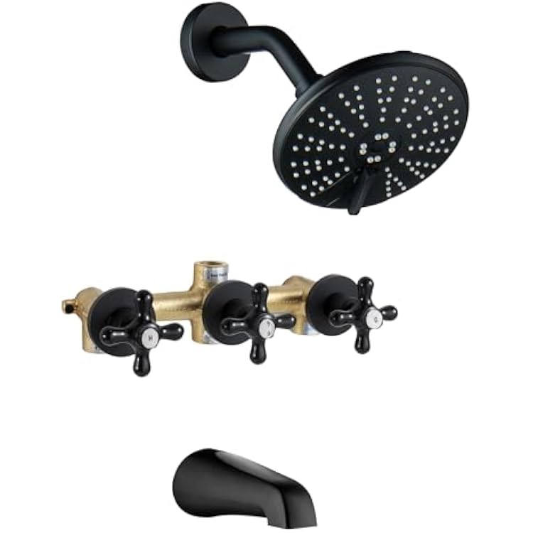 3 Handle Tub Shower Faucet, Three Handle Tub and Shower Faucet Set Bathtub Faucets Sets Complete with 6 Shower Head and Tub Spout, 3 Knods Shower Trim Kit, Matte Black