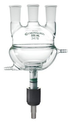 Chemglass CG-1539-13 Series CG-1539 Heavy Wall Round Bottom Flask with 12 mm Chem Drain Valve, 3-Neck, Half Jacketed, 1-CN 55/50 Outer Joint, 2-SN 24/40 Outer Joint, 22000 mL Capacity