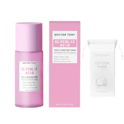 Glycolic Acid Daily Clarifying Toner 2.67 fl oz, with A Pack of 100 Stretchable Wet Compress Cotton Pads