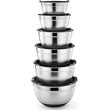 P&P CHEF Mixing Bowls With Lids, Set of 6, Stainless Steel Nesting Mixing Bowls & Fitting Lids & Non-Slip Silicone Bottom, Ideal for Mixing, Storing, Size 0.7/1/1.5/2.5/3/4.6 Qt, Black