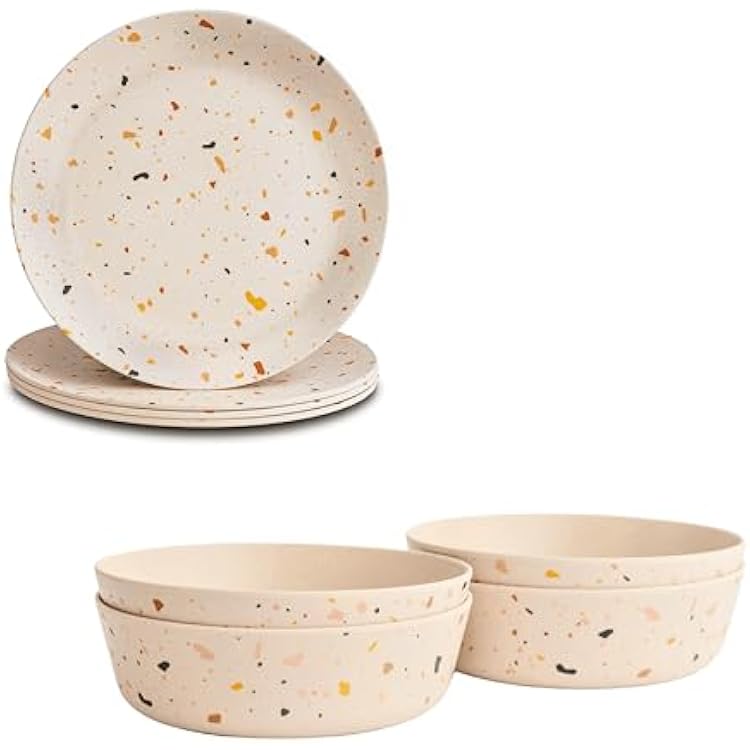 Bamboo Dinnerware Set for Kids 18 Oz Bowls and Plates Combo for Everyday Meals Celebration 8