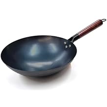 SERENITA Chinese 100% Hand Hammered Iron Woks Stir Fry Pans, Non-stick, No Coating, Less Oil, 36CM, Black Seasoned Wooden handle