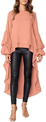 PRETTYGARDEN Womens Lantern Long Sleeve Round Neck High Low Asymmetrical Irregular Hem Casual Tops Blouse Shirt Dress