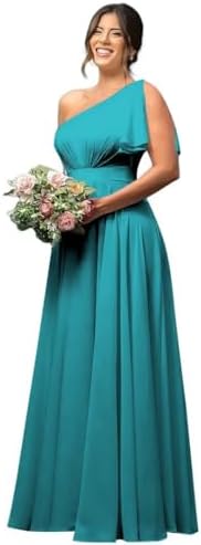 One Shoulder Ruffle Sleeve Bridesmaid Dresses for Wedding with Pockets Chiffon Long Formal Evening Party Gowns