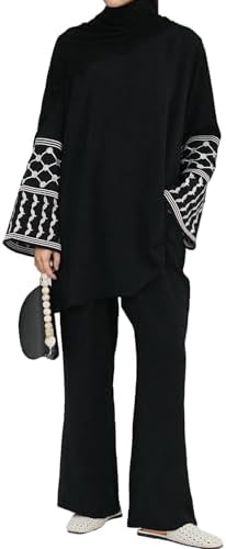 Womens Top  Pants Eid Ramadan Muslim Two-piece Outfits Embroidered Dubai Abaya Islamic Arabic Clothing