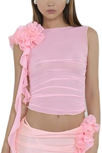 Sexy Tank Top for Women 3D Floral Tassels Ruffle Crop Top Y2K Slim Fitted Sleeveless Shirt Tee