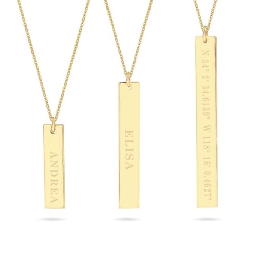 JEWEE DIAMOND Personalized 14k Gold Vertical Name Bar Necklace - Custom Engrave Pendant Gift | Dainty 2cm 3cm 4cm Bar, Handwriting, Coordinates, Baby Name Necklace