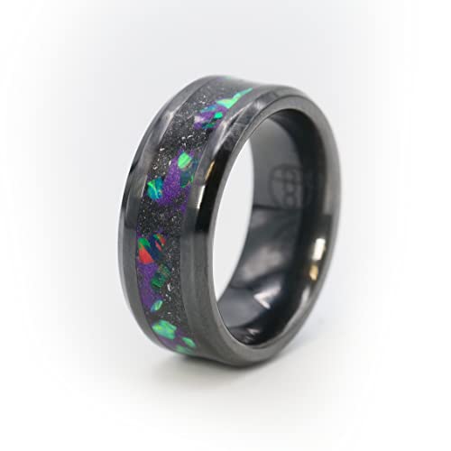 Black Ceramic Meteorite Wedding Ring Womens Mens Meteorite Ring Opal Amethyst Black Ring Band 8mm Comfort Fit Lightweight Custom Laser Engraving