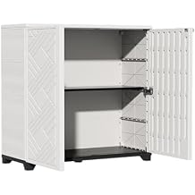 Outdoor Storage Cabinet, Weather-Resistant 3-Shelf Design Storage Shed with Geometric Pattern Doors, 34.3 x 15.1 x 33.5 inches - Black (White, with 1 Shelf)