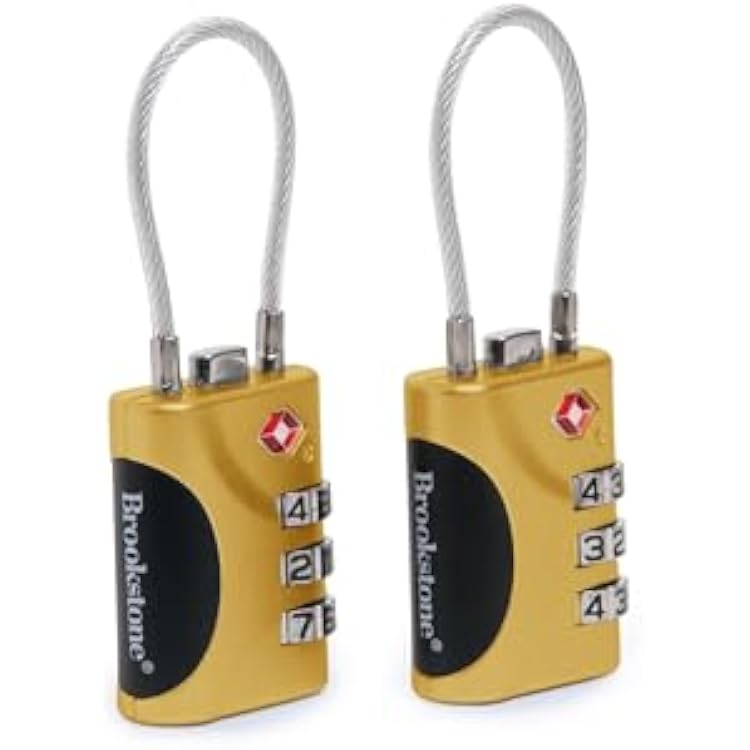Brookstone Cable Lock - 2 Pack TSA-Approved 3-Digit Keyless Luggage Travel Lock - Resettable Combination Wire Padlock, Lemon Yellow