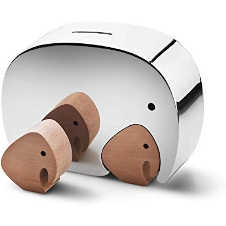 Georg Jensen Elephant Stainless Steel Money Bank with 2 Oak Puzzle Pieces