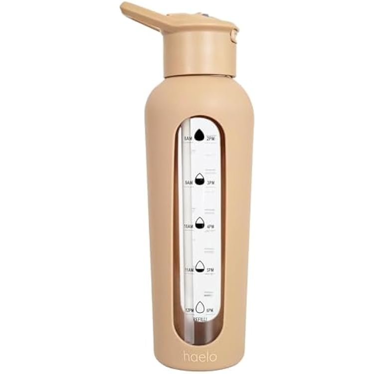 haelo 24oz Glass Motivational Water Bottle with Flip Lid Straw, Silicone Protective Sleeve, Handle, Reusable BPA Free Amber