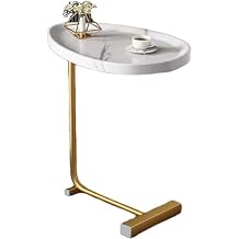 C Shaped End Table,Modern C Shaped Side Table for Couch,Small Sofa Table with Metal Frame for Living Room, Bedroom, Bedside (White+Gold)