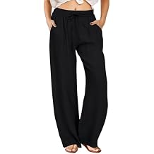 FireSwan Womens Palazzo Pants Casual Drawstring Flowy Pants Wide Leg Summer Beach Linen Trousers with Pockets