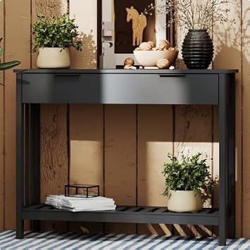 TaoHFE Black Narrow Console Table with Storage, Modern Entryway Sofa Table | with Drawer Storage Shelf, Wooden 39 Inch Slim Behind Couch Table, Side Display Console Table for Living Room,Office,Black