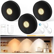 Yiliaw Rechargeable Puck Lights with Remote, 3 Pack Magnetic Under Cabinet Lighting, 1500mAh Battery Operated LED Tap Lights with Dimmer & Timmer for Kitchen, Closet, Shelf - 3 Color Temps, Black