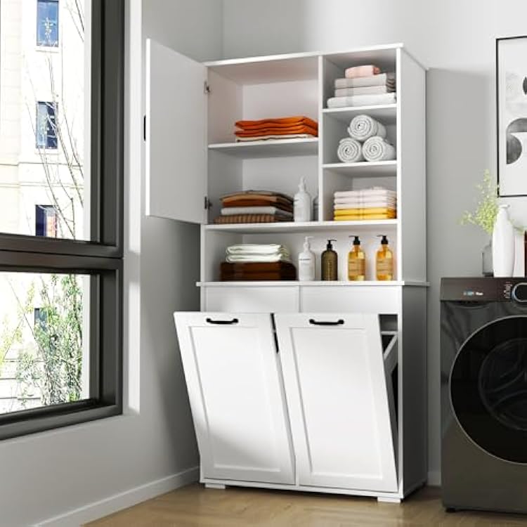Tall Laundry Cabinet with Double Tilt Out Laundry Hamper, Freestanding Floor Bathroom Cabinet with 12  2 Gallon Laundry Storage Basket for Bathroom, Kitchen, White