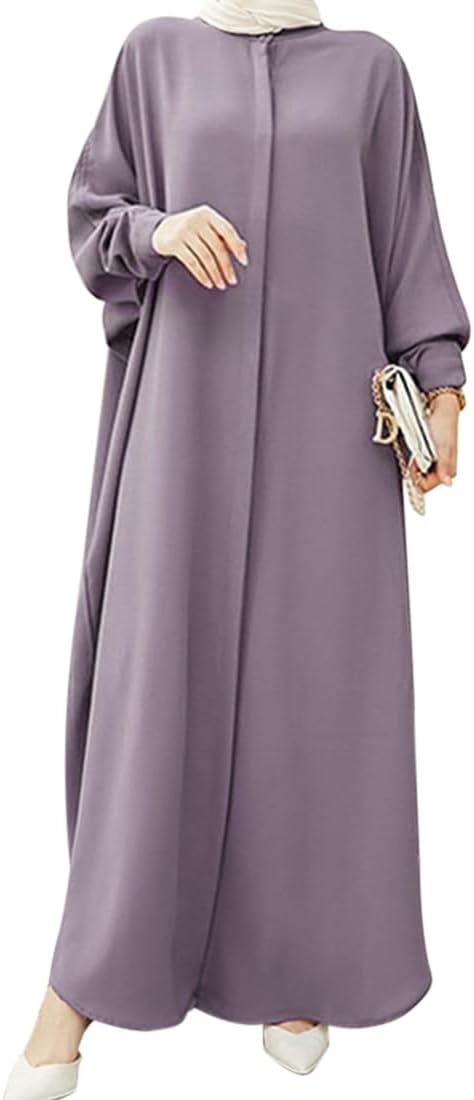 IDOPIP Muslim Dresses for Women Long Sleeve Islamic Ramadan Abaya Dubai Kaftan Robe Loose Casual Modest Arabic Prayer Clothes