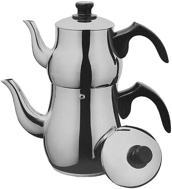 Traditional Long Persian Iranian Middle Eastern Arabic Turkish Induction Double Tea Kettle Thick Heavy Stainless Steel Glass Top Teapot 2-Pc Set 2.5-Liter + 1 Liter Pot Samovar Chai