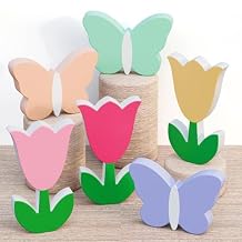 6 Pcs Spring Decorations, Wooden Tulips Flowers Butterflies Table Signs Tiered Tray Decor for Farmhouse Home Kitchen Mantle Fireplace