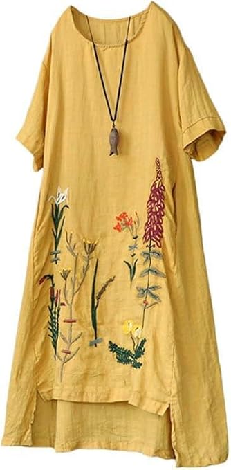 Minibee Women's Embroidered Linen Dress Summer Tunic Sundress