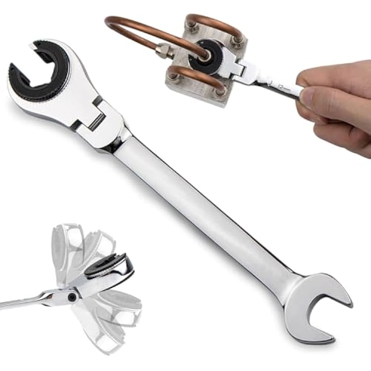 Open End Ratchet Wrench, Swivel Head Ratchet Wrench Metric CR-V Steel, 72-Tooth, 5 Swing Arc, 180 Flex Head, Heavy-Duty Open End Wrench for Tight Spaces and Line Fittings 17MM