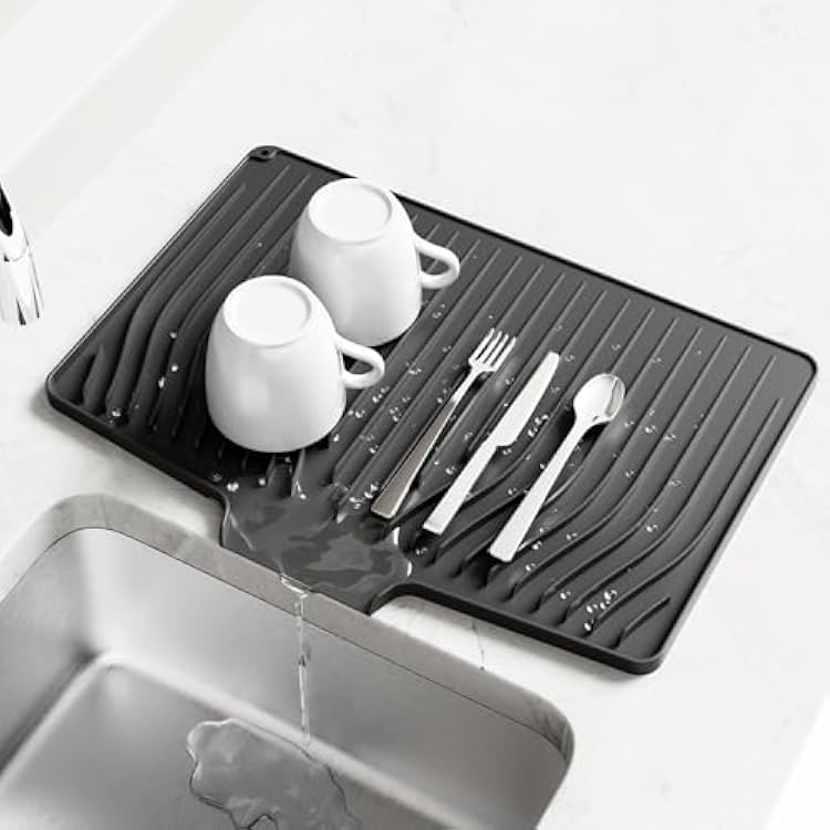Dish Drying Mat, Silicone Dish Drying Mat for Kitchen Counter, Drainer Pad with Built-in Drain, Non-Slip, Heat Resistant Draining Pad Black, 14.6 x 11.6
