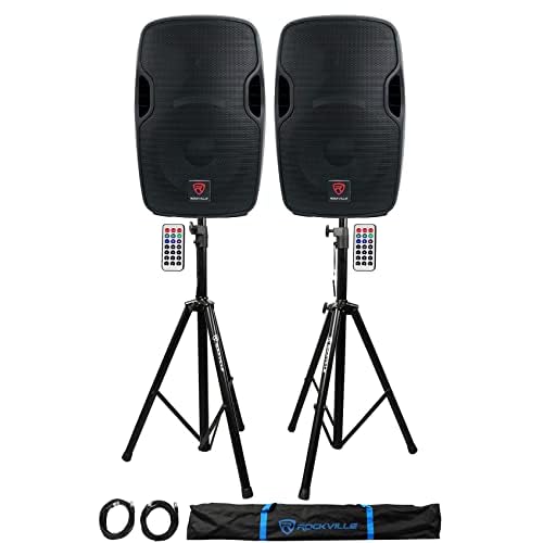 Rockville BPA12 Bundle: 2 600W 12 in Powered Active DJ PA Speakers with Bluetooth USB SD FM LCD, Adjustable Tripod Speaker Stands, 20 ft XLR Cables, 4-Items