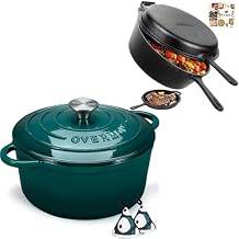 Overmont Enameled Cast Iron Dutch Oven 7QT bottle green + Overmont Cast Iron Dutch Oven with dual use Skillet lid combo