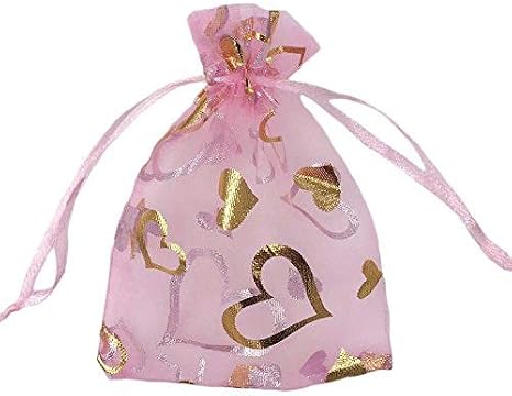 SumDirect 100Pcs 3.5x4.7 inch Sheer Pink Drawstring Heart Organza Favor Gift Bags Wedding Party Christmas Jewelry Pouches