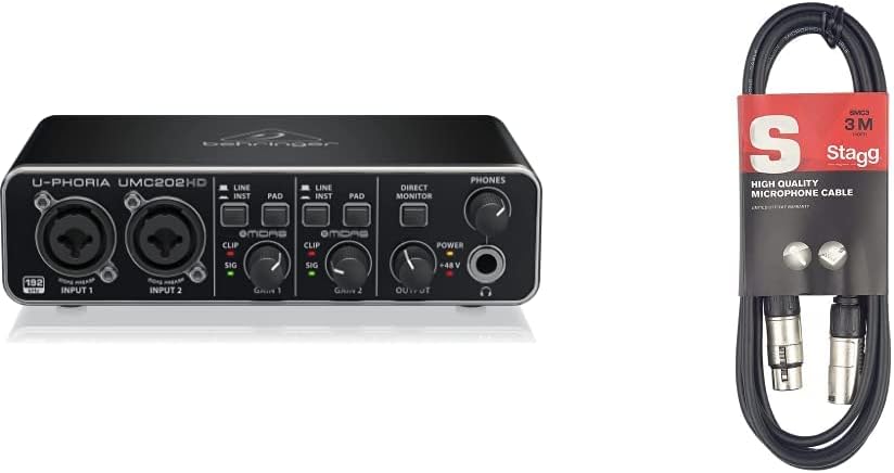 Behringer U-PHORIA UMC202HD Audiophile 2x2, 24-Bit192 kHz USB Audio Interface with Midas Mic Preamplifiers & Stagg SMC3 3m XLR to XLR Plug Microphone Cable, Black