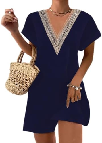 Women Summer Lace V Neck Sundress Solid Short Sleeve Short Dresses Mini Dress for Beach