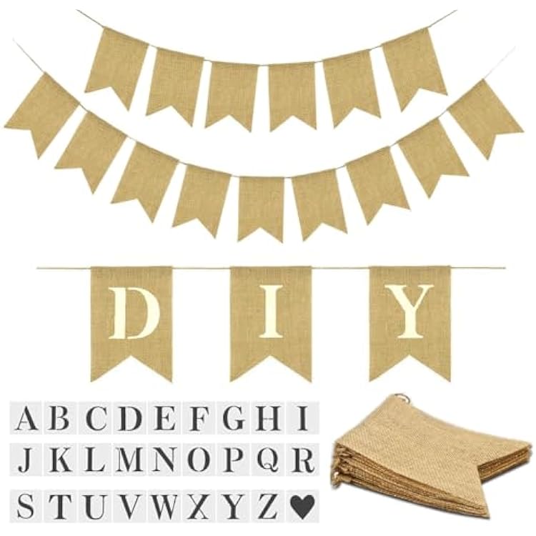 15PCS Burlap Baner PreStringed, DIY Custom Banner Kit, Customizable Personalized Banner, with Letters A to Z Stencil, Birthday Wedding Party Decor