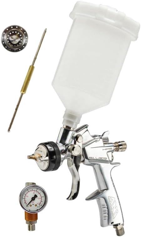 ANi F160 HPS Silver Full Sized 1.3mm Gravity Spray Gun Super Kit with 1.8mm Tip & Needle, RP/1 Regulator Gauge & 1.27 Pint Gravity Cup. Premium Italian Engineering. Super Smooth Like a $500 Spray Gun