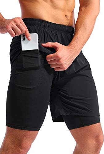 Pudolla Mens 2 in 1 Running Shorts 5 Quick Dry Gym Athletic Workout Shorts for Men with Phone Pockets